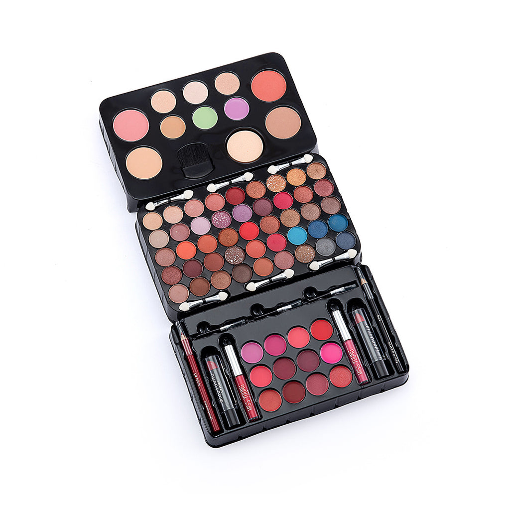 Makeup palette with various colors on a white background