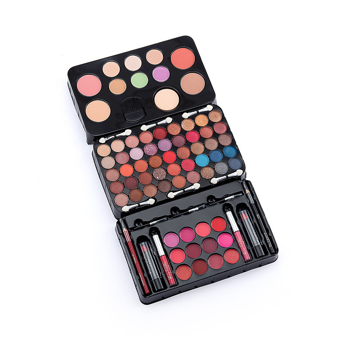 Makeup palette with various colors on a white background