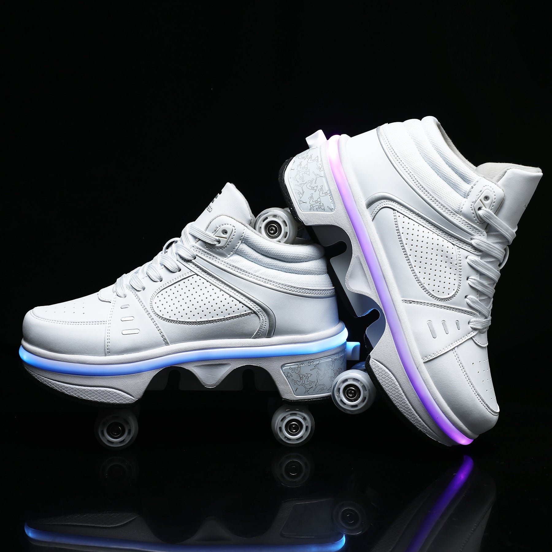 White roller shoes with LED lights on a black background