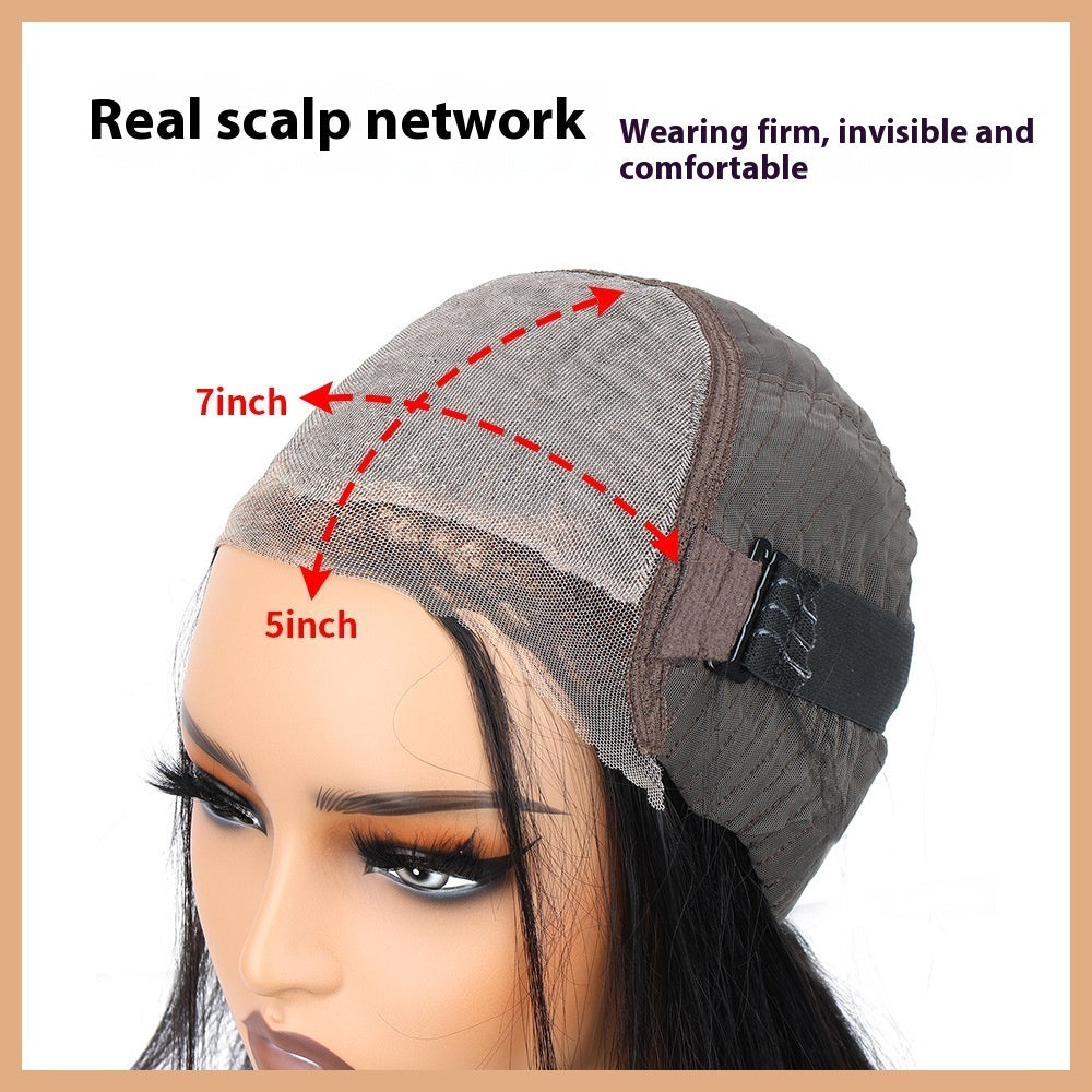 Gray wig cap with measurements on a mannequin head, labeled 'Real scalp network'.