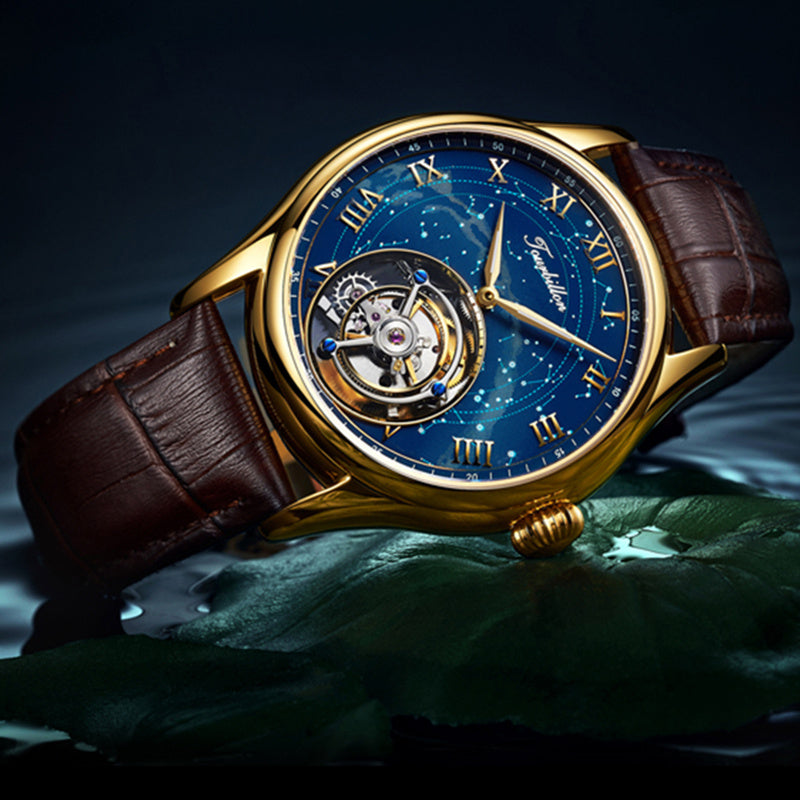 Luxury watch with gold case and brown leather strap on a dark background