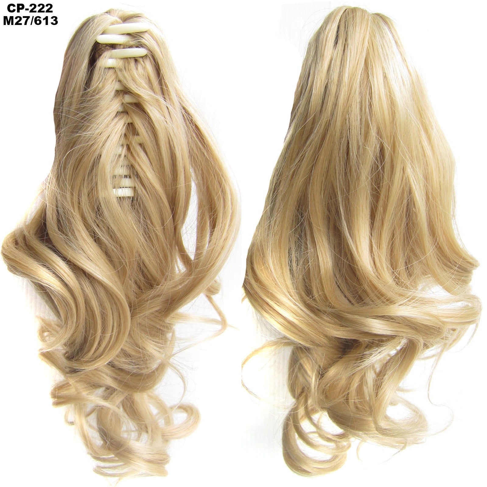 Two blonde hair extensions on a white background