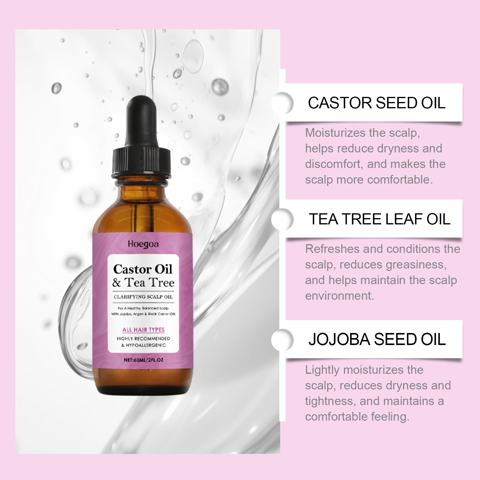 Hoegaas Castor Oil & Tea Tree oil bottle with pink label on a pink background