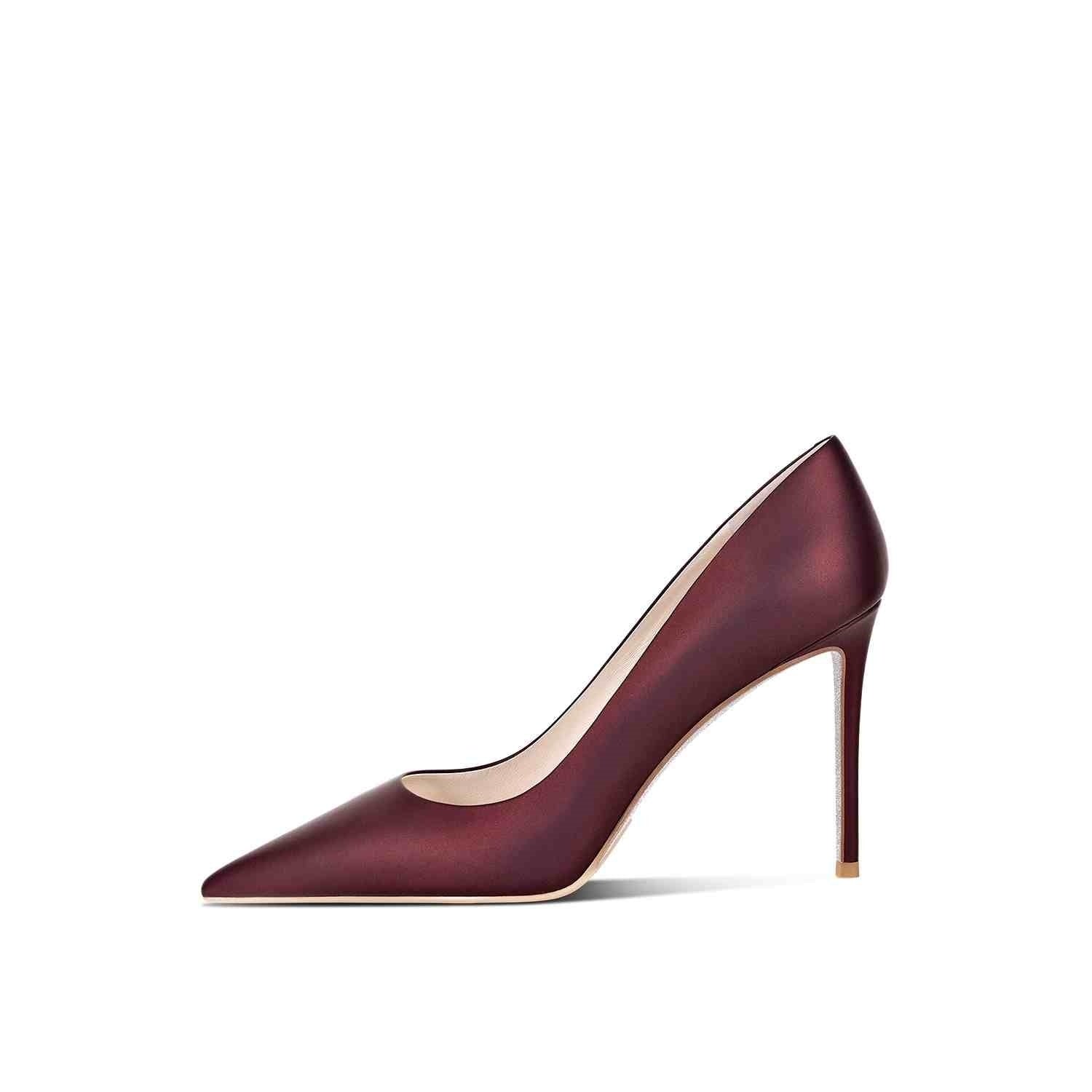 Maroon high-heeled shoe on a white background
