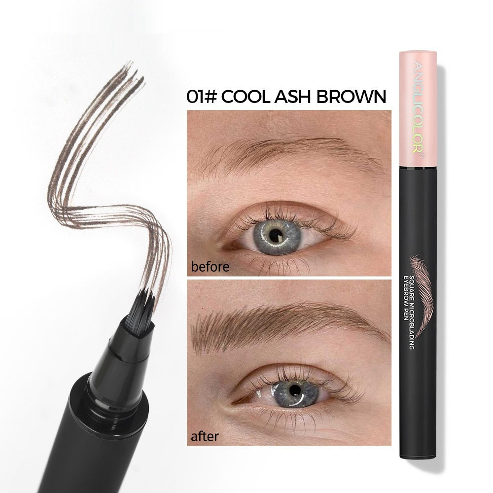 Eyebrow pen with before and after effects on eyebrows, labeled '01# Cool Ash Brown'.