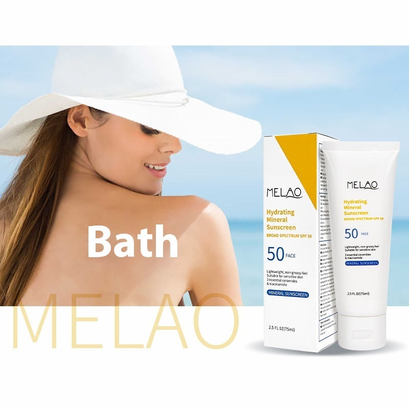 Melao sunscreen packaging with a woman wearing a sun hat against a beach background