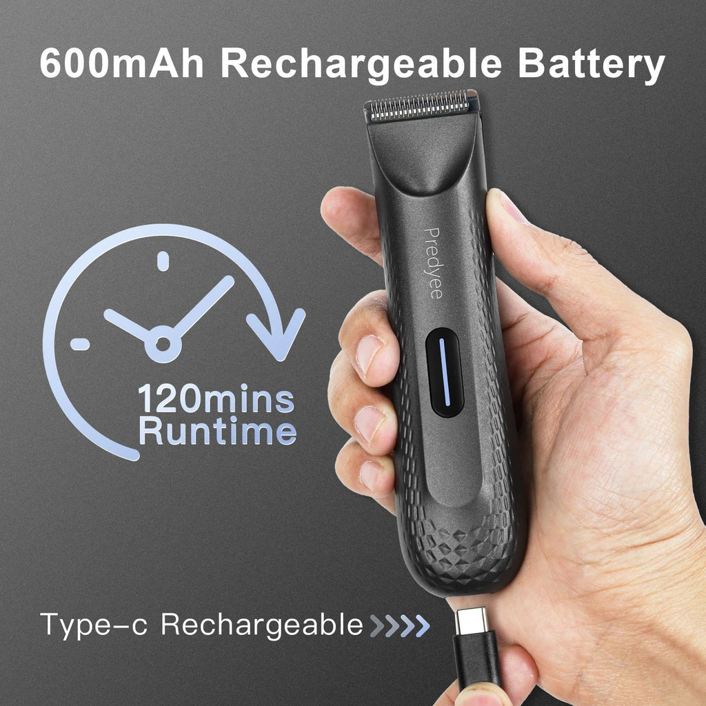Hand holding a black hair clipper with battery information on a gray background