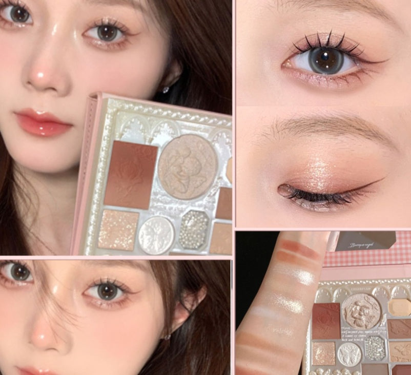 Makeup palette with close-up shots of a woman applying makeup.