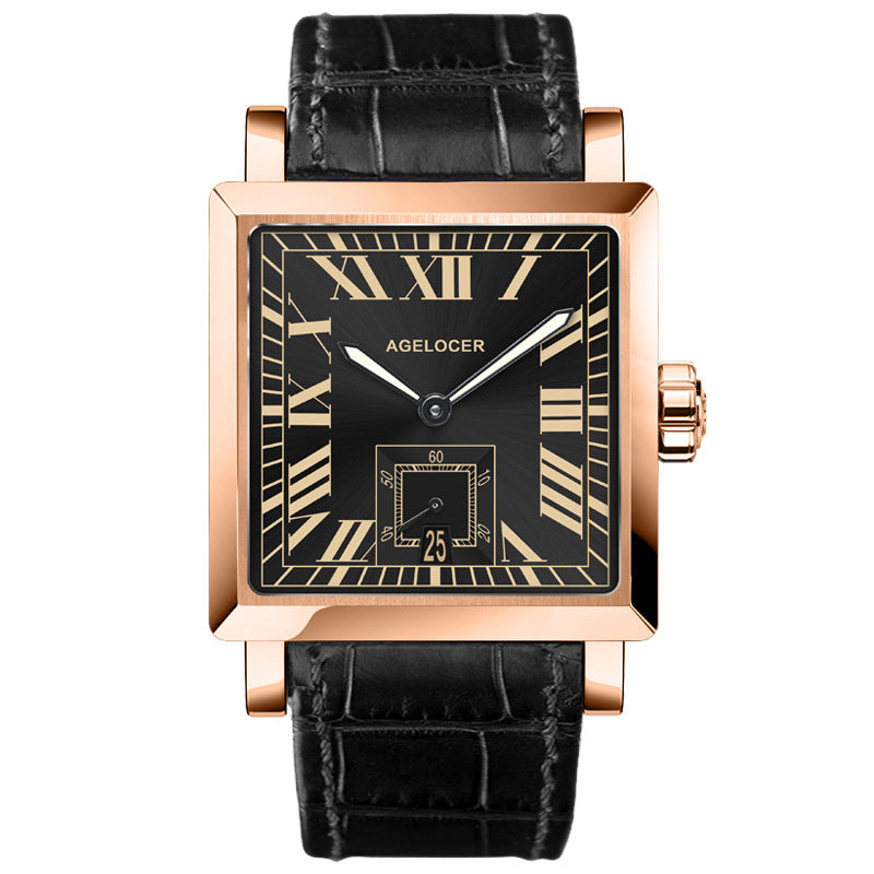 Luxury watch with black face and rose gold case on a white background