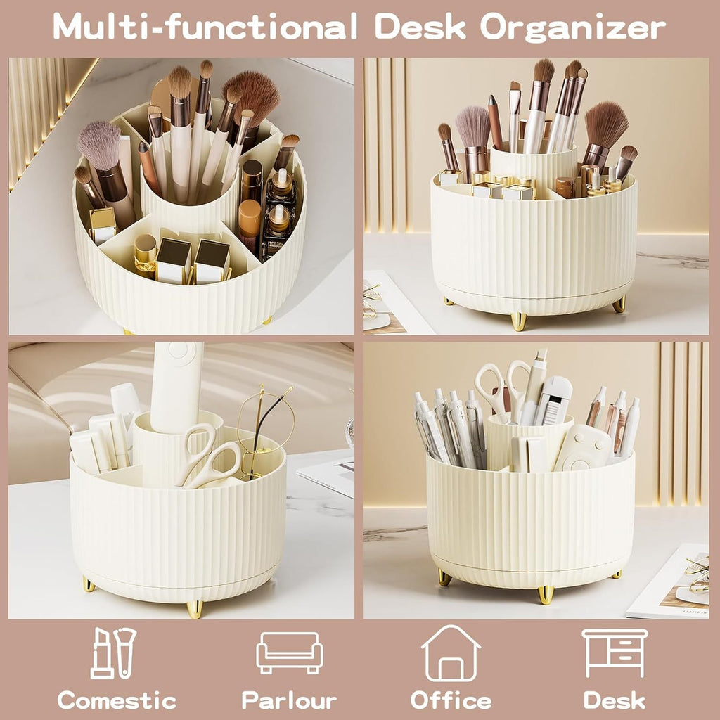 Multi-functional desk organizer with various items on a neutral background
