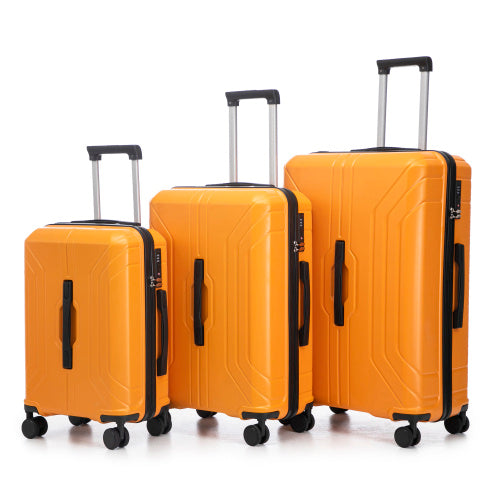 Set of three orange suitcases with black handles and wheels on a white background