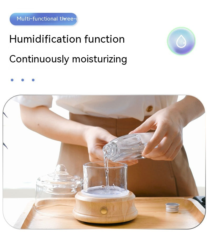 Person pouring liquid into a glass container on a wooden tray with text about humidification function.