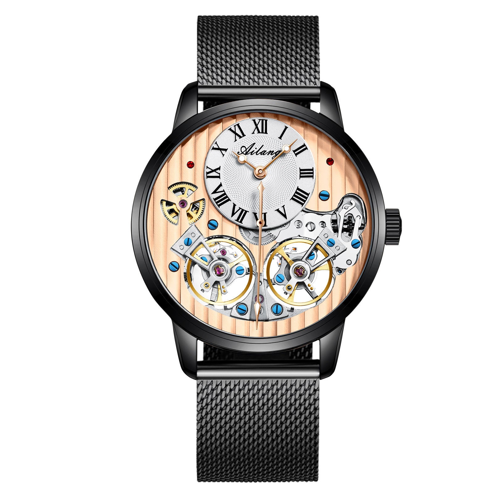 Watch with a black mesh band and wooden face on a white background