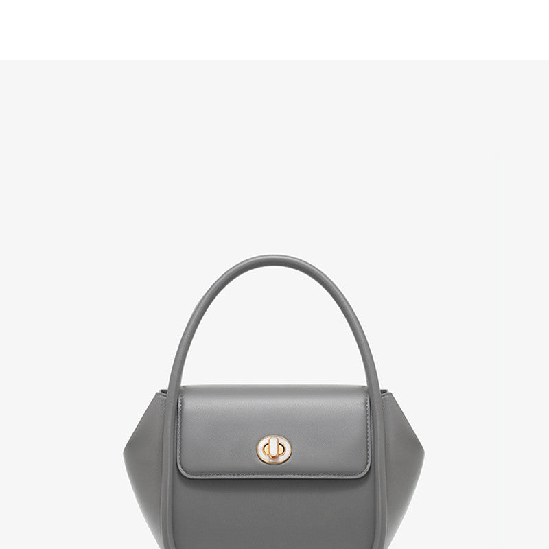 Gray handbag with a gold clasp on a light gray background