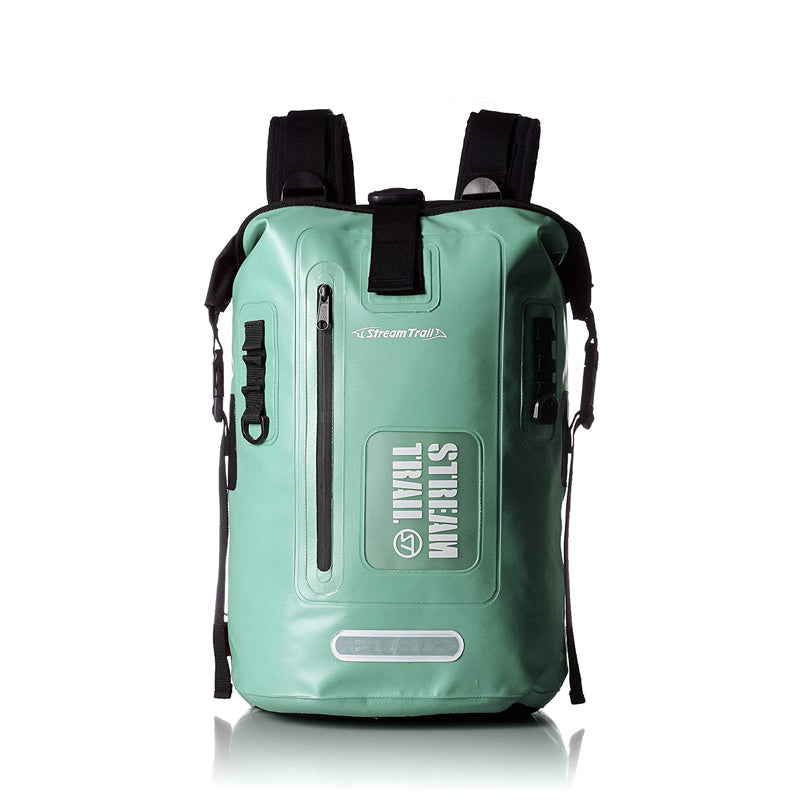 Green backpack with black straps on a white background