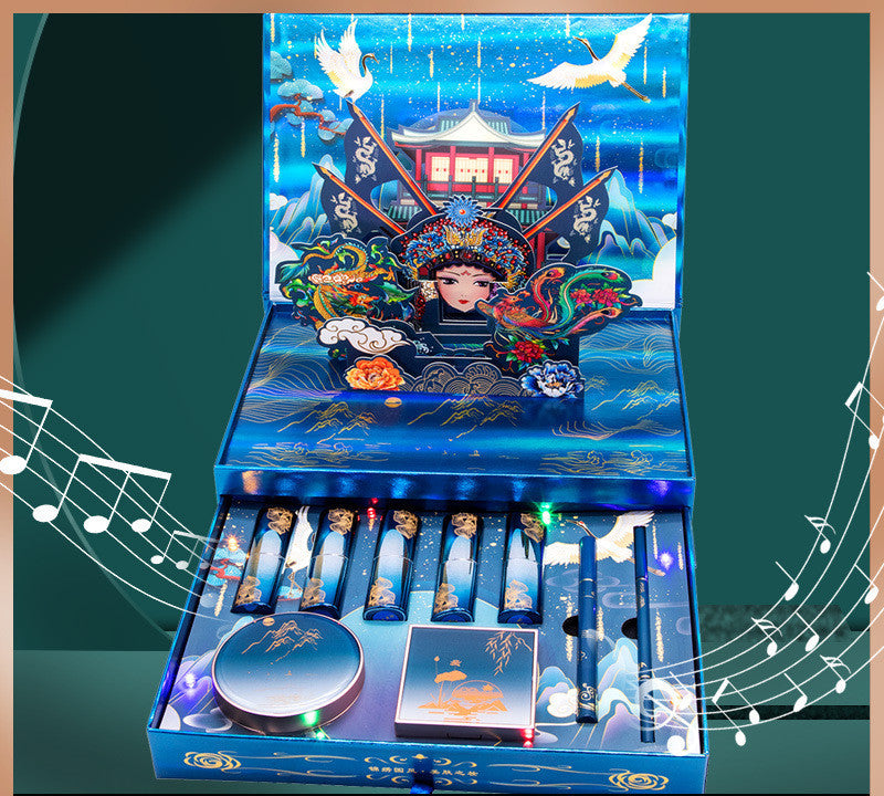 Decorative makeup set with traditional design elements on a blue background
