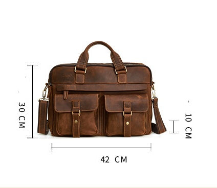 Brown leather briefcase with measurements on a white background
