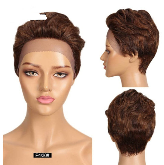 Brown wig on a mannequin head with close-up views on a white background