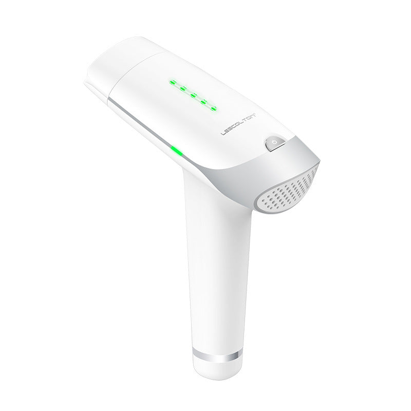 White hair removal device with green indicator lights on a white background