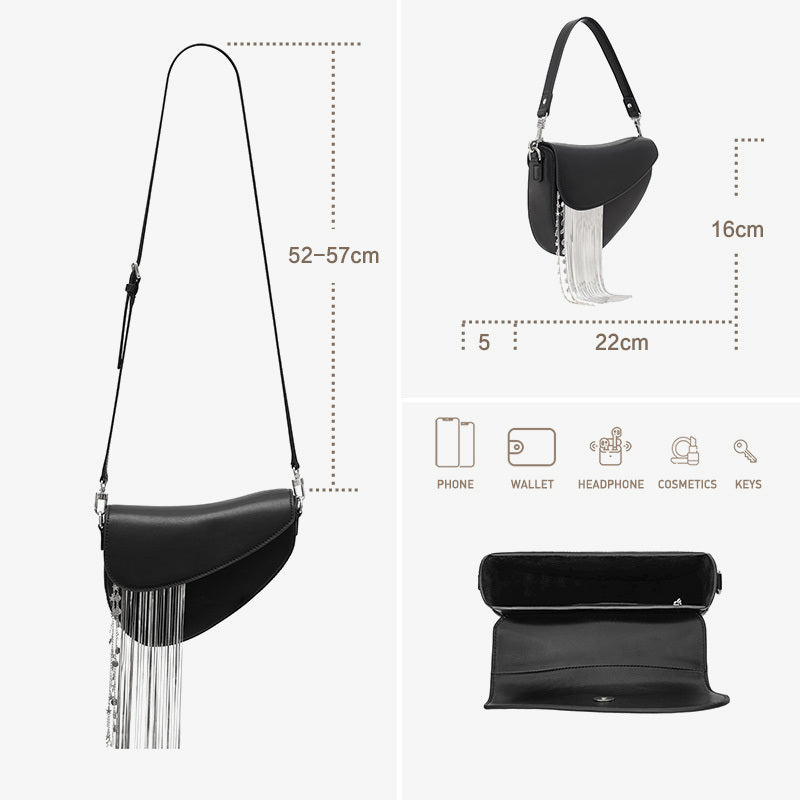 Black handbag with fringe details and measurements on a white background