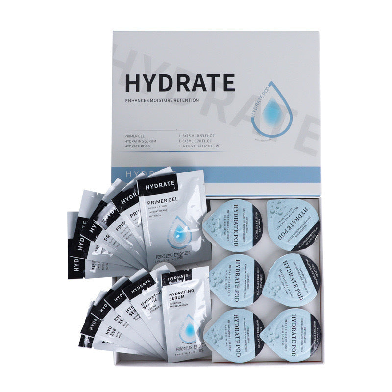 Collection of skincare product packets with 'Hydrate' branding on a white background