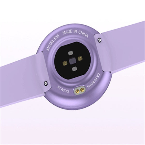 Close-up of a purple smartwatch on a white background