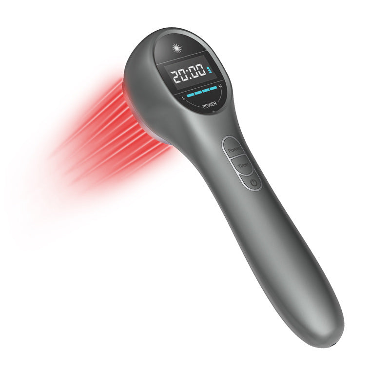 Gray handheld device with digital display and red light on a white background