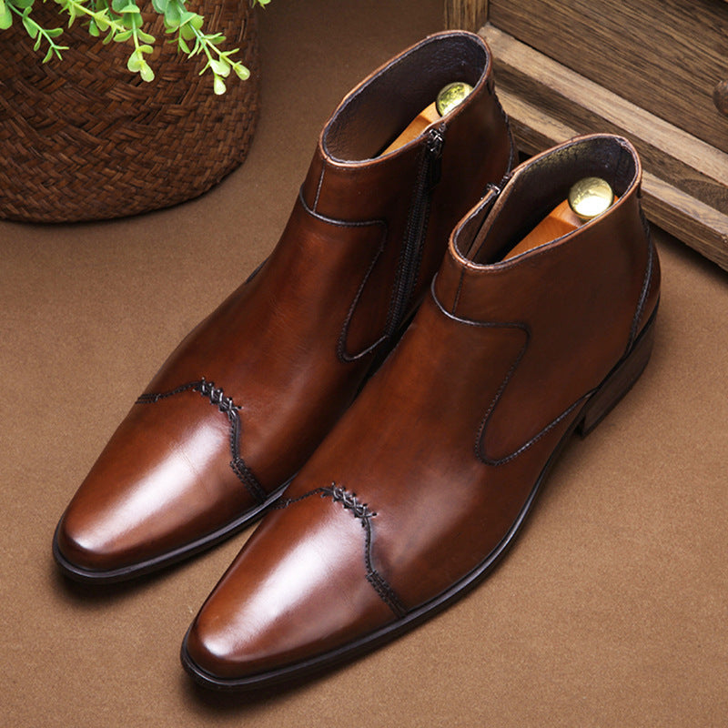 Brown leather boots on a brown surface with a woven basket in the background