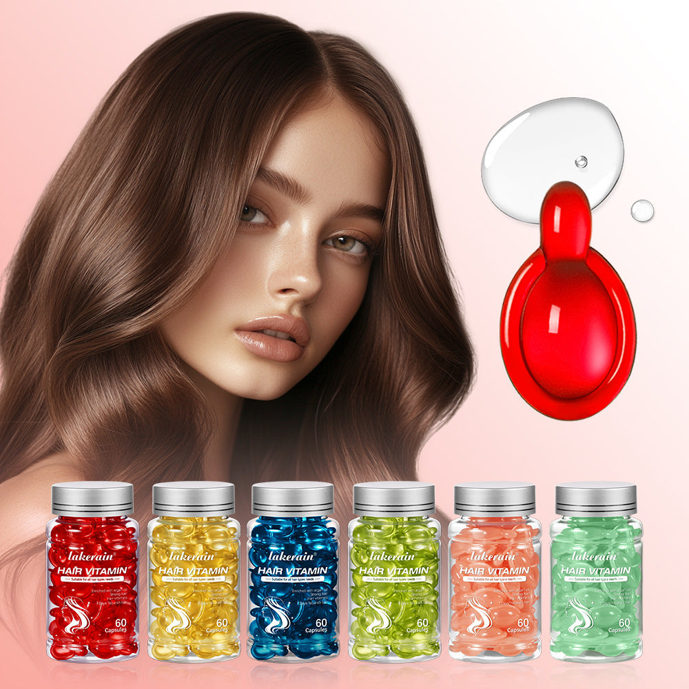 Woman with brown hair next to colorful hair supplement bottles and a red hair dryer on a pink background