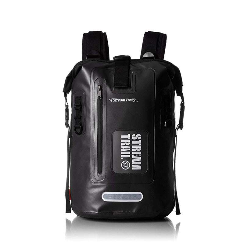Black backpack with visible branding on a white background