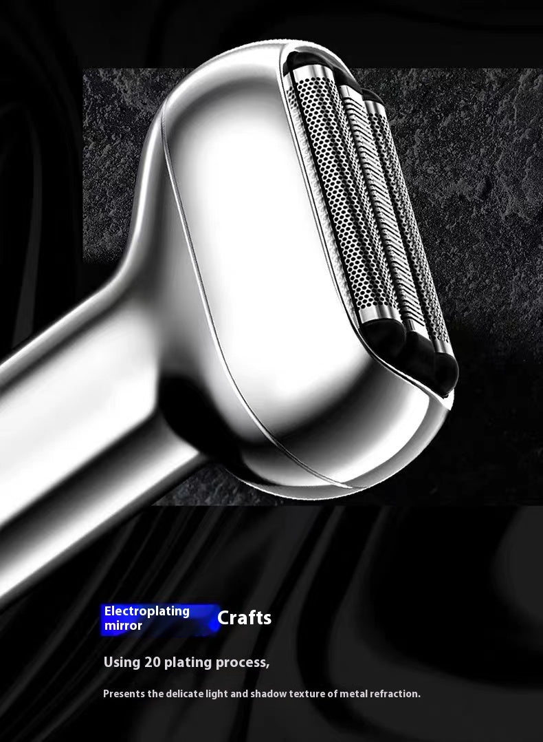 Silver electric shaver on a dark background with text about electroplating process.