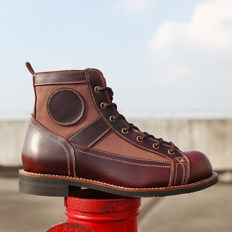 Brown leather boot on a red stand with a blurred background