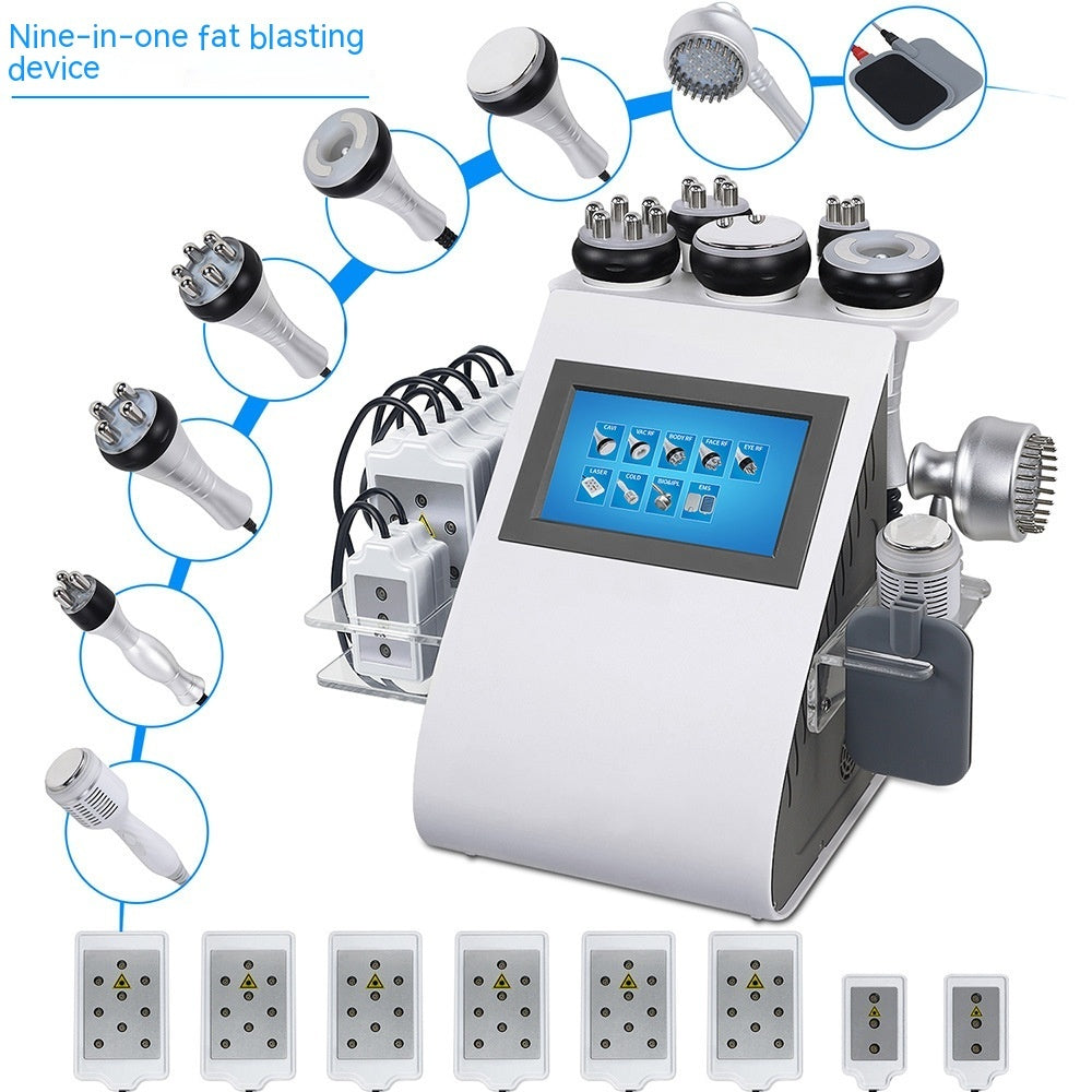 Nine-in-one fat blasting device with multiple nozzles and a digital display on a white background.