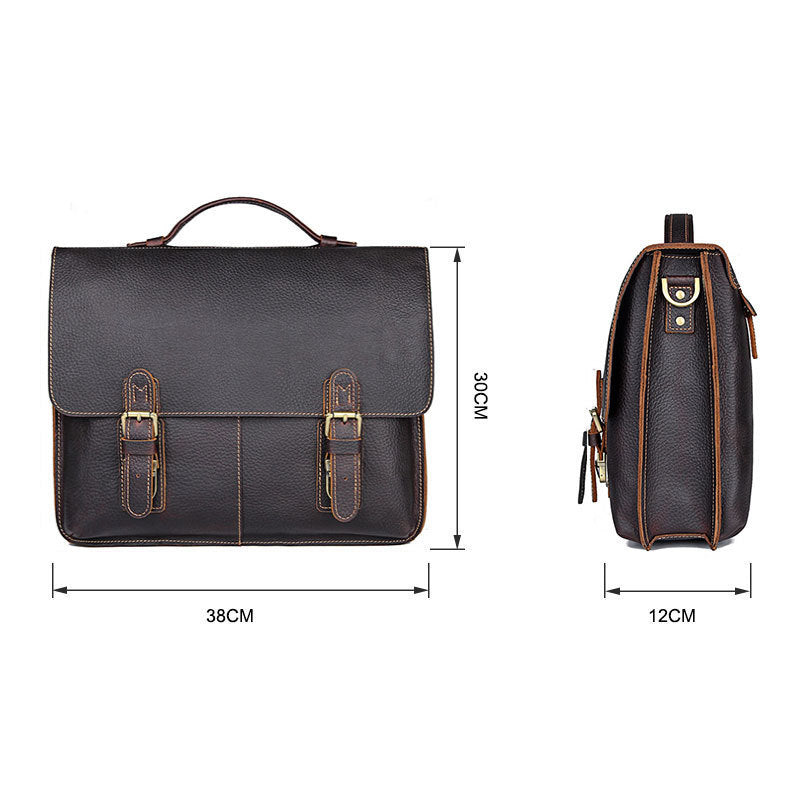 Brown leather briefcase and backpack with dimensions on a white background
