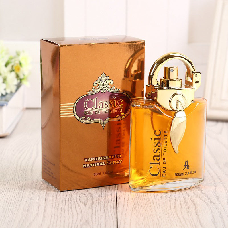 Perfume bottle and packaging with 'Classic' branding on a light surface.