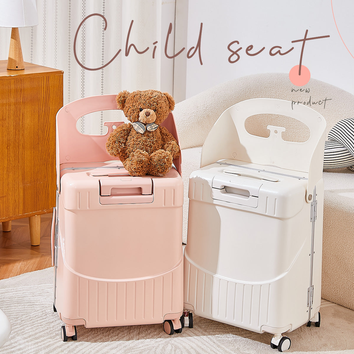 Pink child seat with a teddy bear on a pink suitcase next to a white child seat in a room setting.