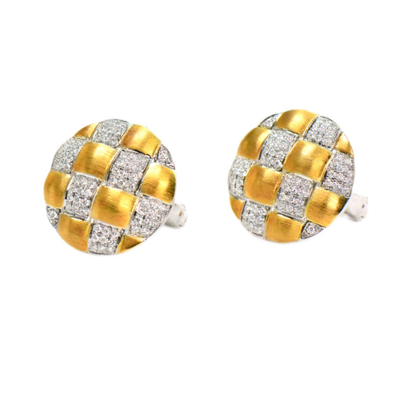 18K Gold Diamond Braided Brushed Round Earrings 17.6mm