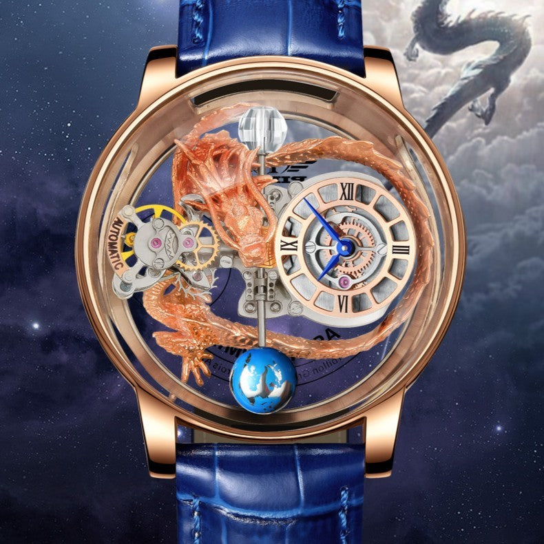 Luxury watch with dragon design and blue leather strap against a starry night sky