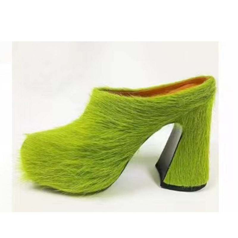 Waterproof Horsehair Chunky Heel Slippers, Sizes 34-43