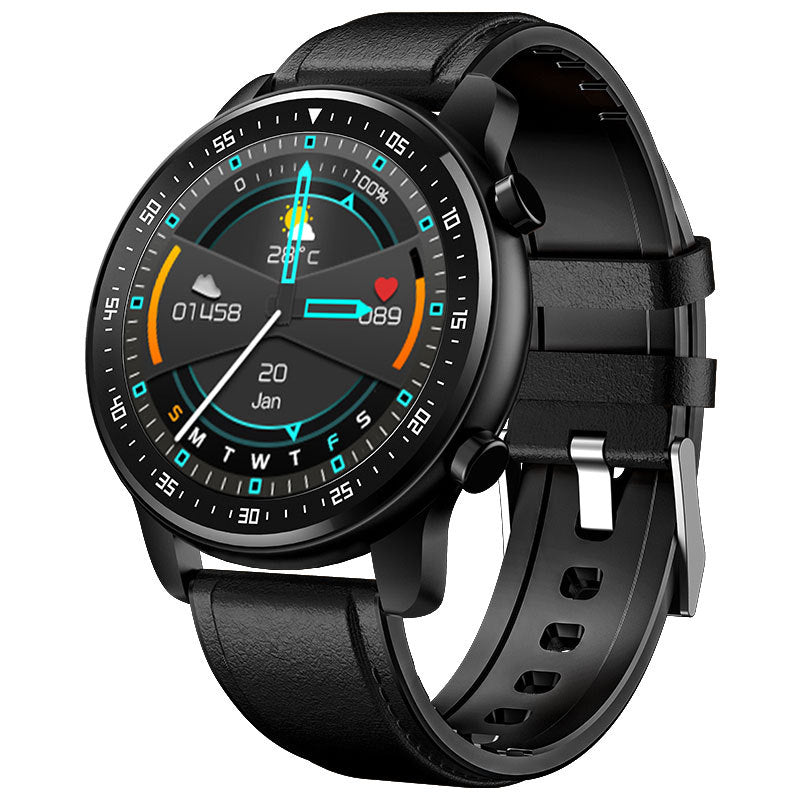 Black smartwatch with a detailed display on a white background