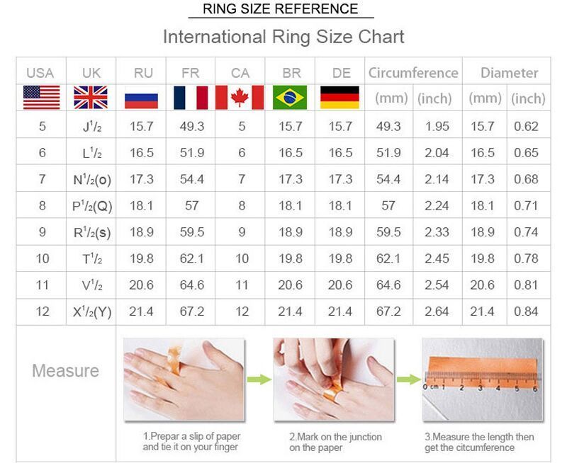 Ring size chart with international measurements and a demonstration of measuring ring size.