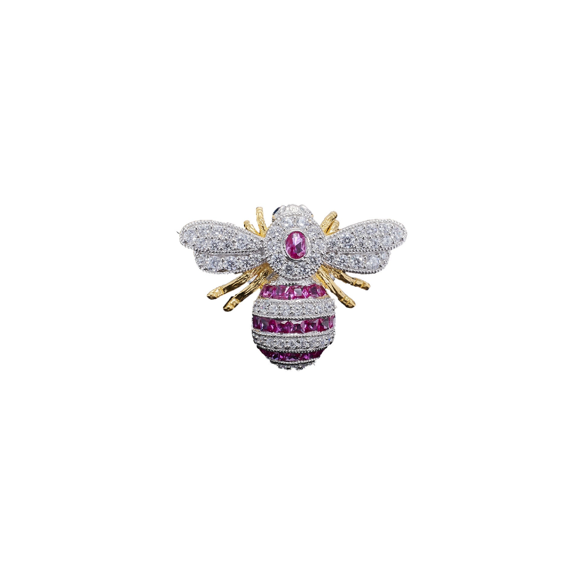 Diamond bee brooch with pink gemstone on a white background