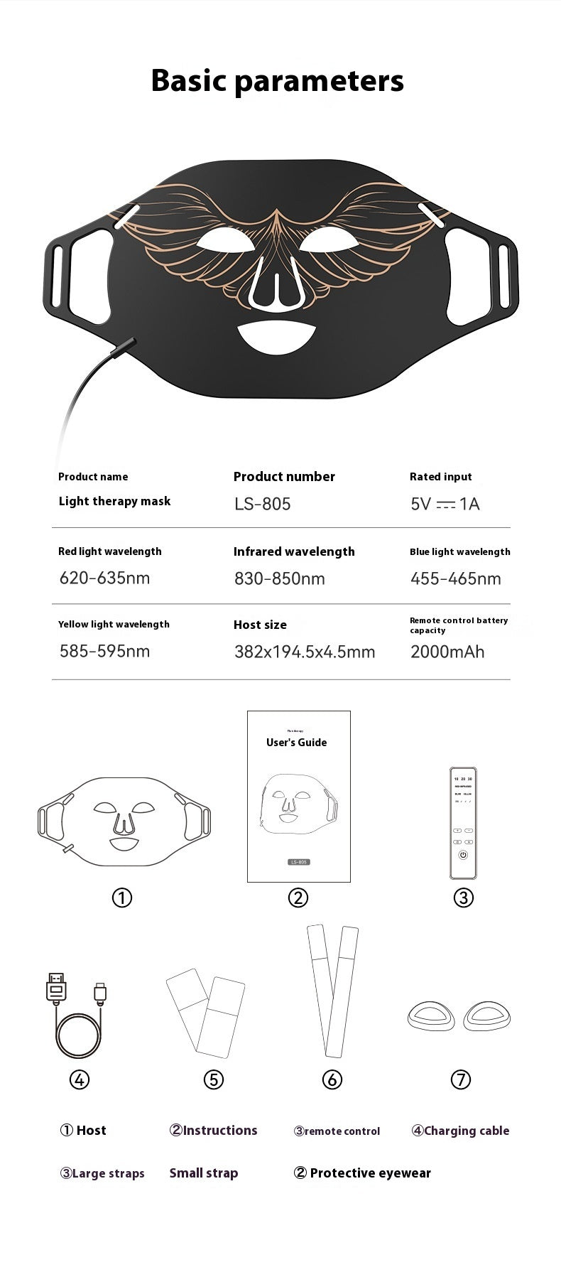 Light therapy mask with technical specifications and features on a white background