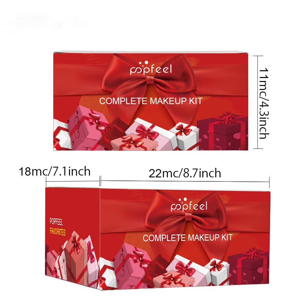 Red makeup kit box with a bow and 'popfeel' branding, showing dimensions on a white background.