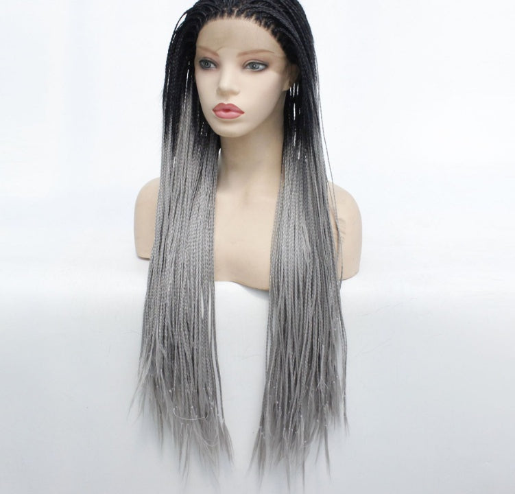 Mannequin head with a gray braided wig on a white background