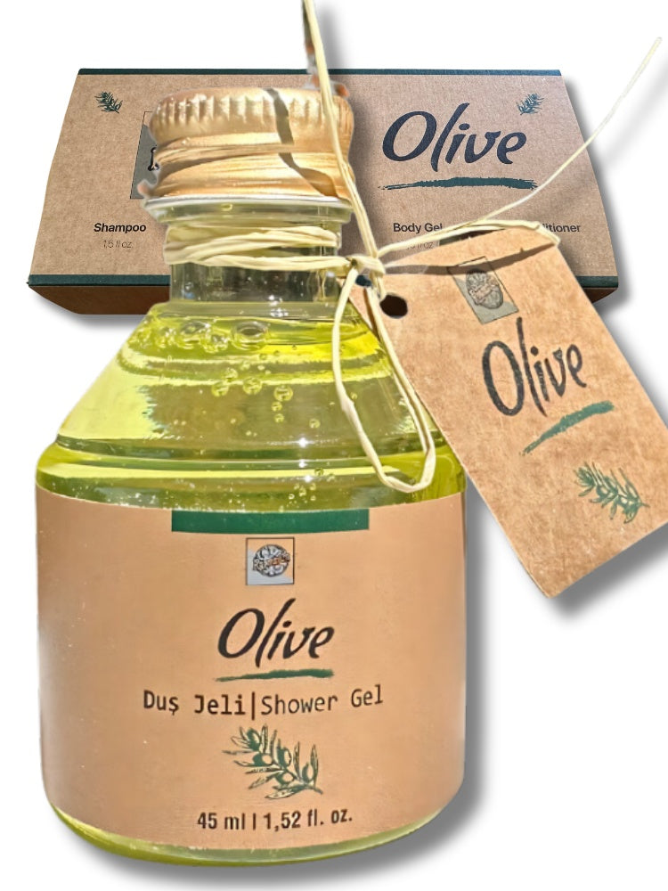 Jar of olive shower gel with a label and packaging in the background