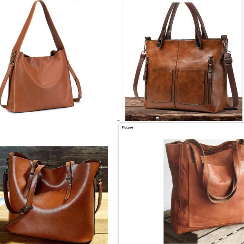 Four different views of a brown leather handbag on a white background