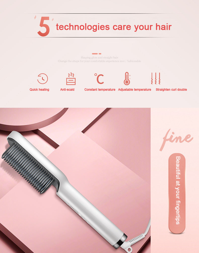 Hair straightening tool with text highlighting five technologies that care for hair on a pink geometric background.