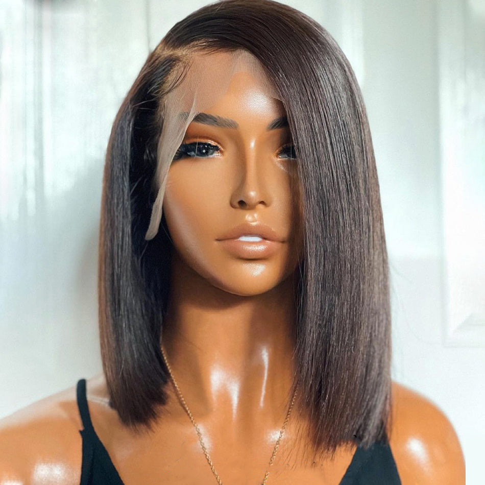 Mannequin head with a shoulder-length bob wig on a white background