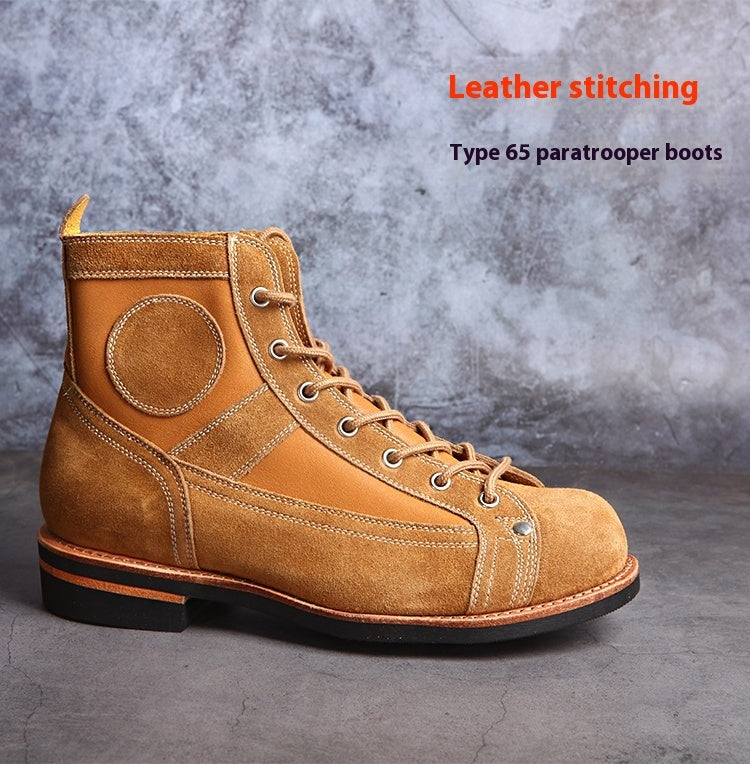 Brown leather boot with visible stitching on a gray background